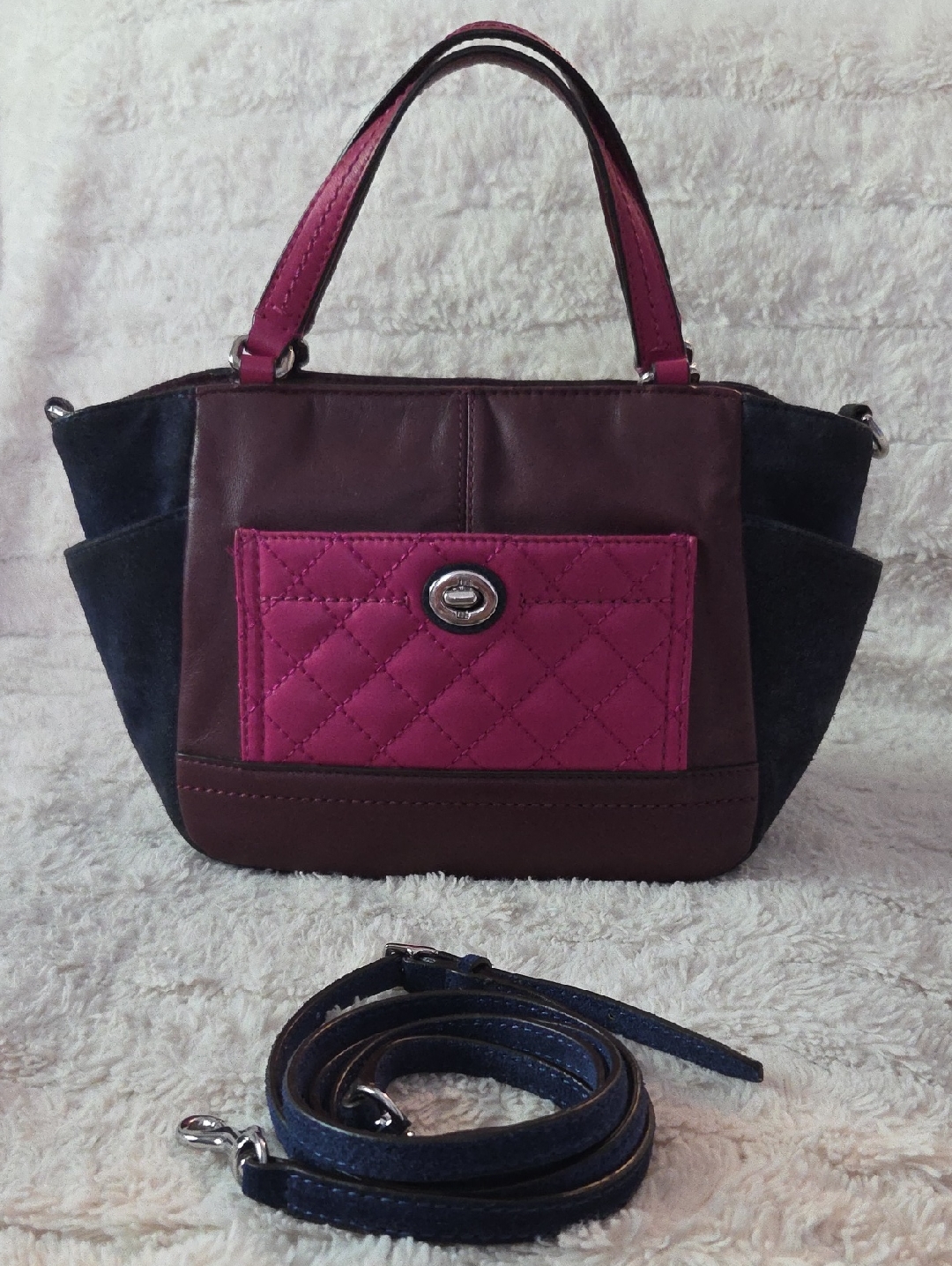 Coach Color Block Tote With Fuchsia Burgundy Quilted Front And Navy Accents